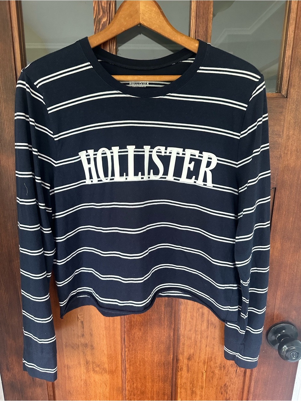 Hollister Navy Blue & White Striped Logo Cropped Long Sleeve Tee